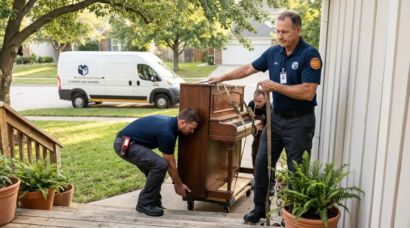 Licensed piano movers securing grand piano in Columbia, TN