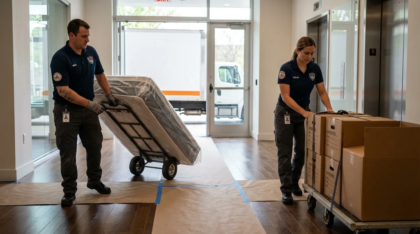 Professional apartment movers loading elevator in Columbia, TN